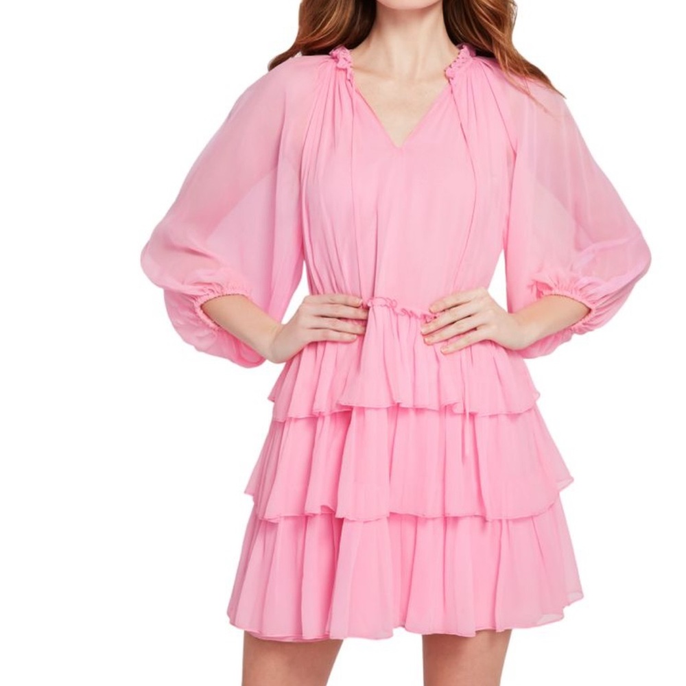 Alice + Olivia Layla Pink Silk Tiered Ruffle Mini Dress XS